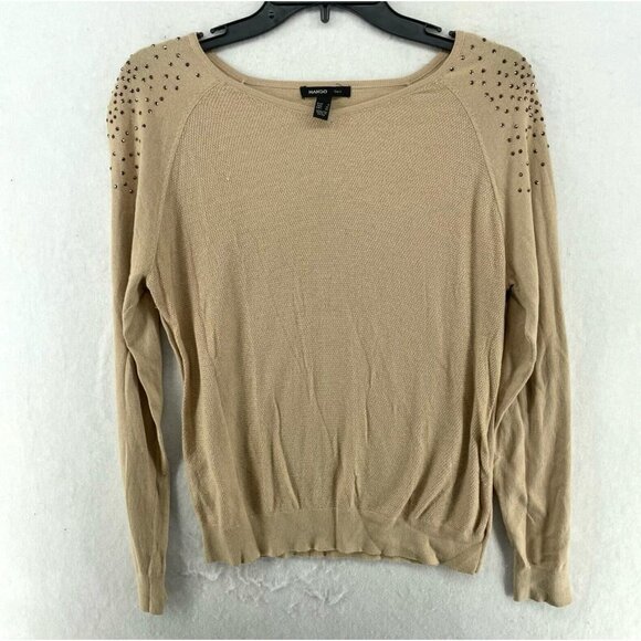 Mango Sweater Women Sz XS Brown Knitted Round Neck Rhinestone Shoulders Pullover - Picture 1 of 12